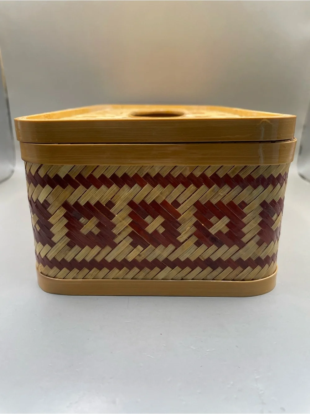 Vintage Bamboo Woven Red Geometric Design Tissue Box Cover With Lid 10.5x3.5”